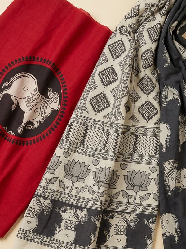 Red Cotton Kalamkari Printed Un-Stritched Dress Material