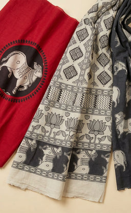 Red Cotton Kalamkari Printed Un-Stritched Dress Material