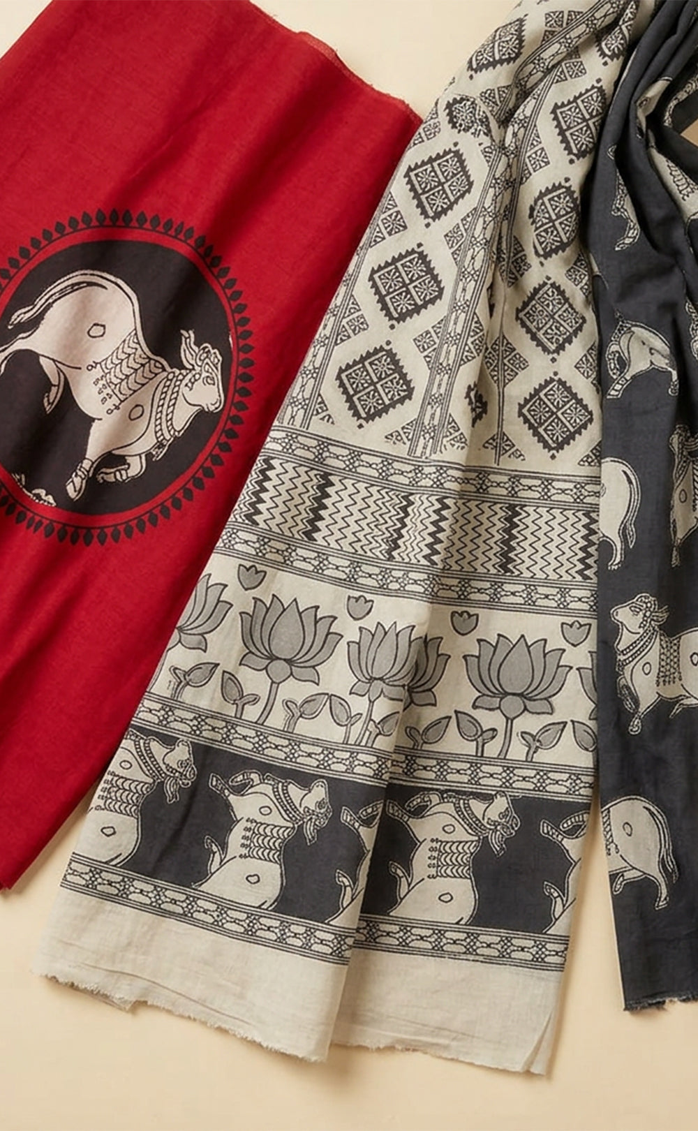 Red Cotton Kalamkari Printed Un-Stritched Dress Material