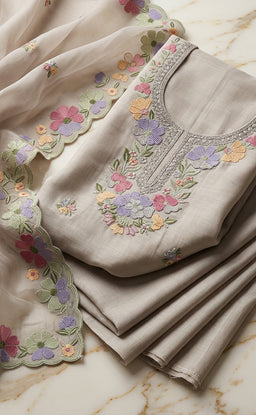Coffee Roman Silk Thread Embroidery Un-Stitched Dress Material