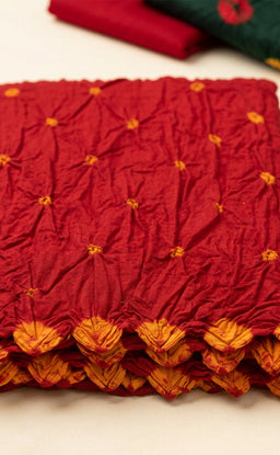 Red And Green Cotton Bandhani Printed Un-Stitched Dress Material