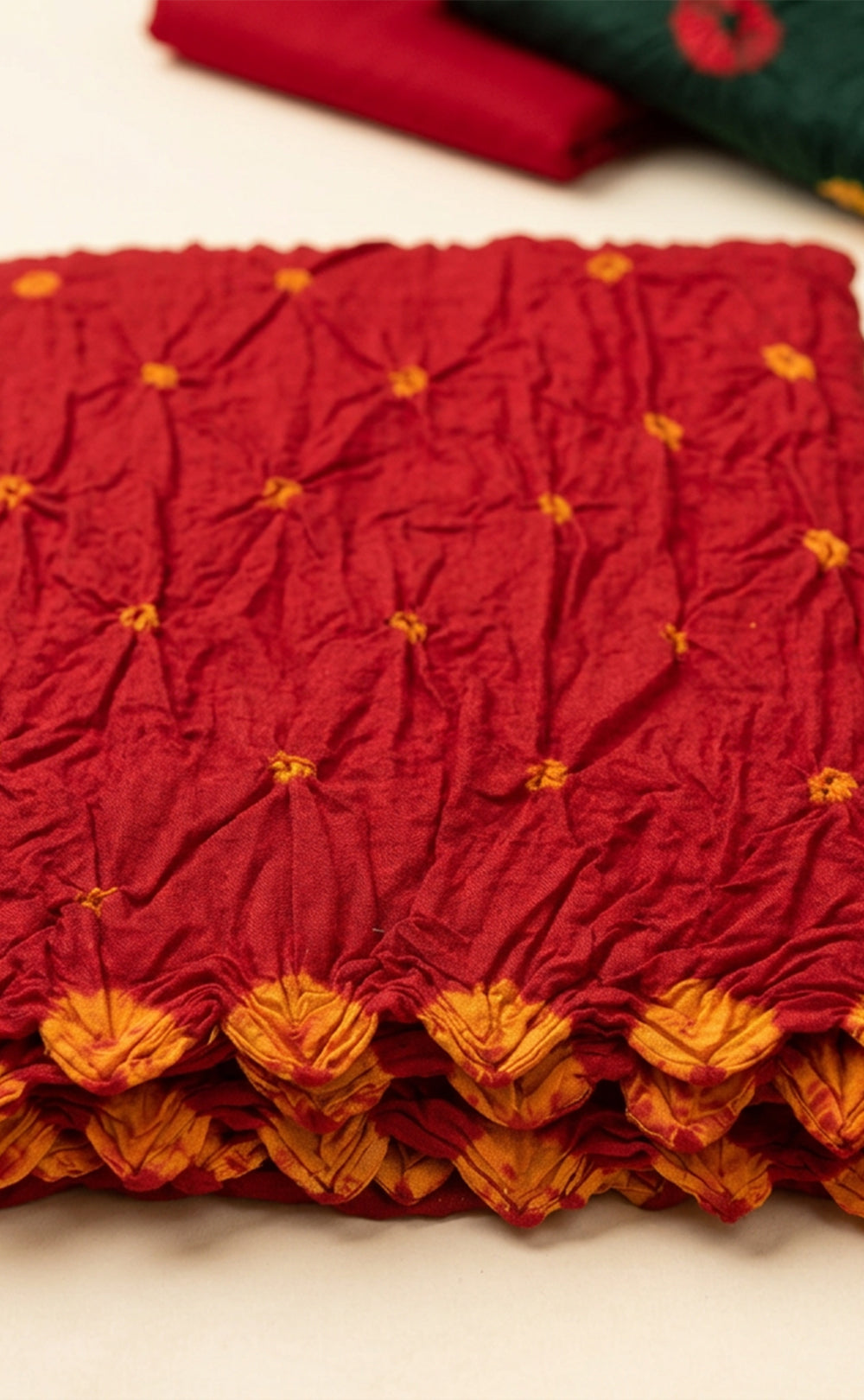 Red And Green Cotton Bandhani Printed Un-Stitched Dress Material