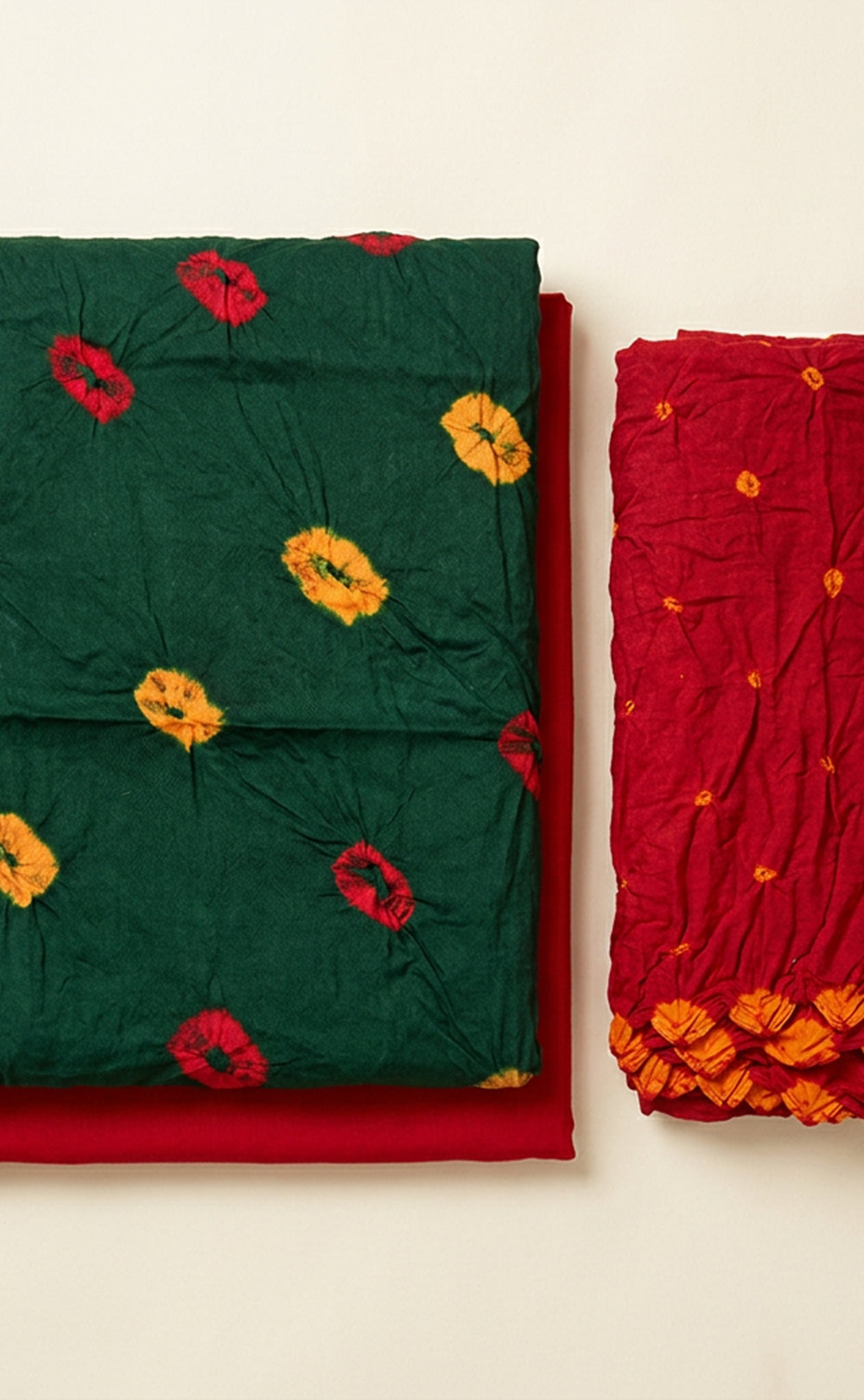 Red And Green Cotton Bandhani Printed Un-Stitched Dress Material