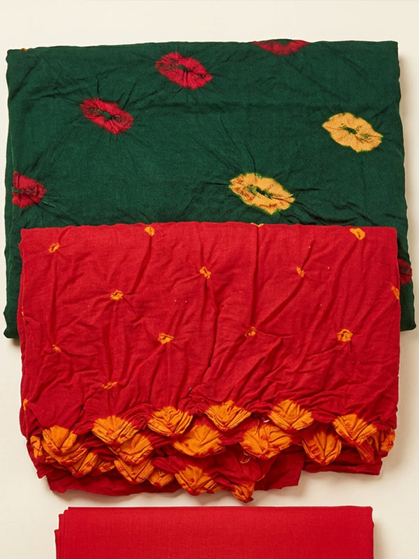 Red And Green Cotton Bandhani Printed Un-Stitched Dress Material