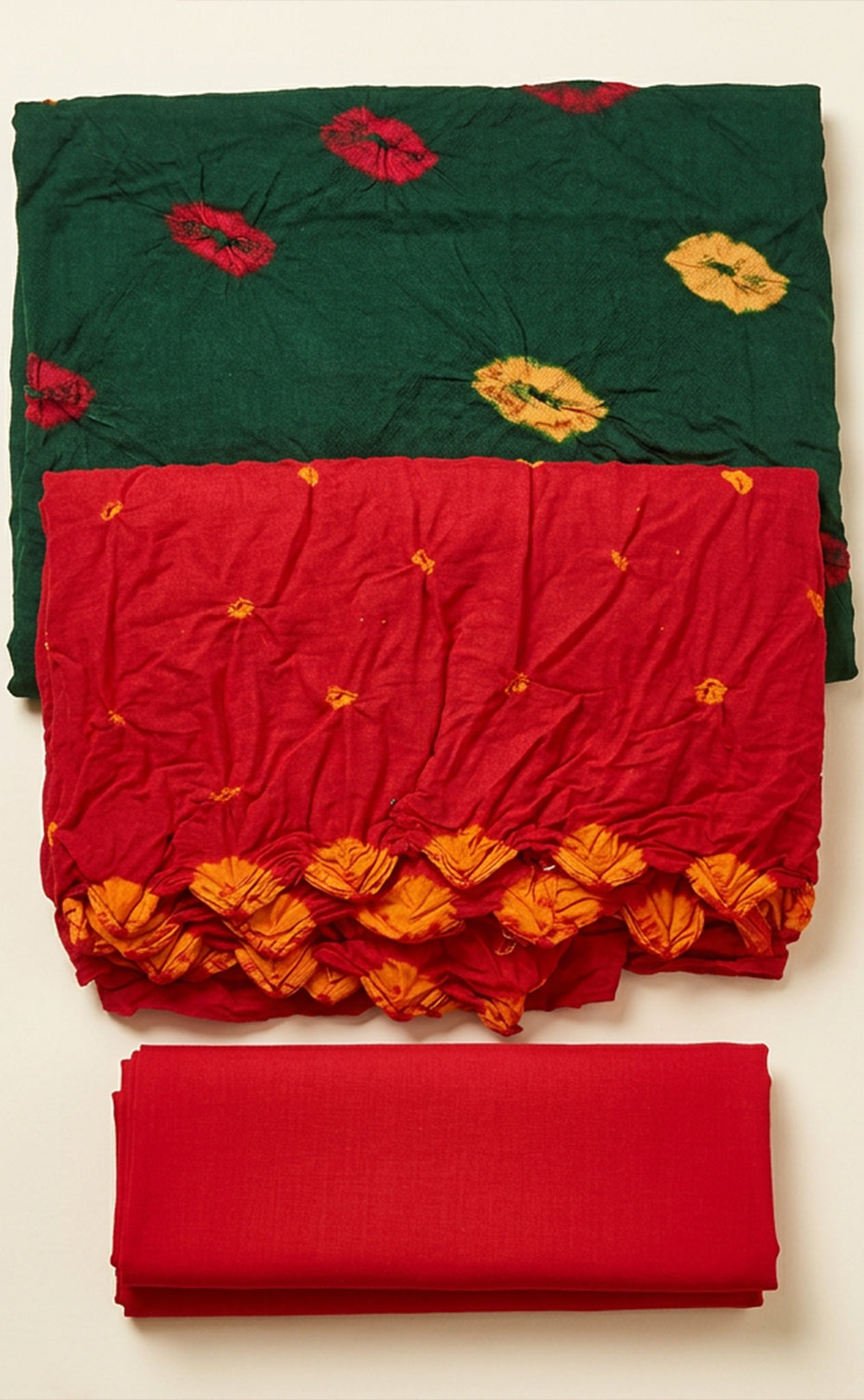 Red And Green Cotton Bandhani Printed Un-Stitched Dress Material