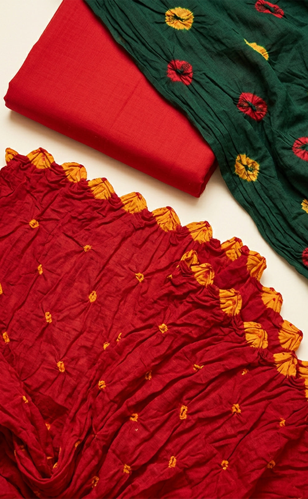 Red And Green Cotton Bandhani Printed Un-Stitched Dress Material