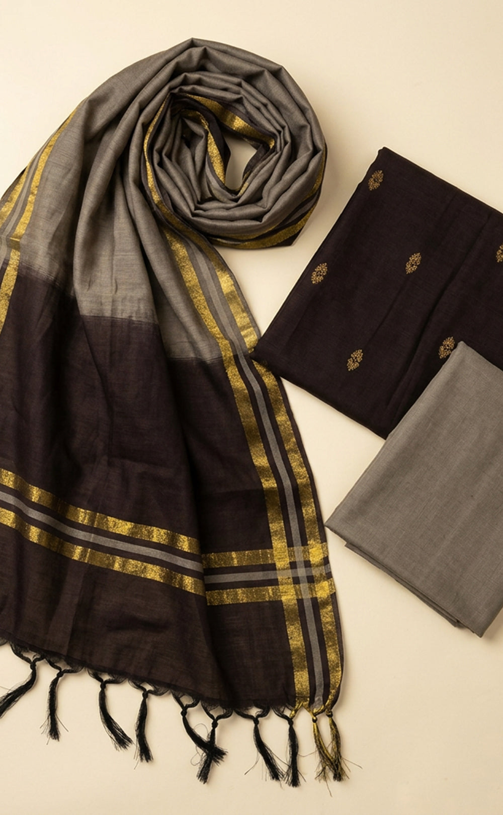 Dark Coffee Brown Cotton Chanderi Ikkat Printed Unstitched Dress Material