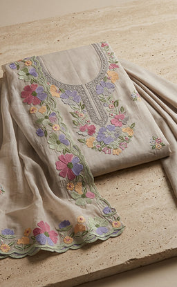 Coffee Roman Silk Thread Embroidery Un-Stitched Dress Material