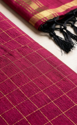 Maroon Chanderi Golden Checks Work Un-Stritched Dress Materials