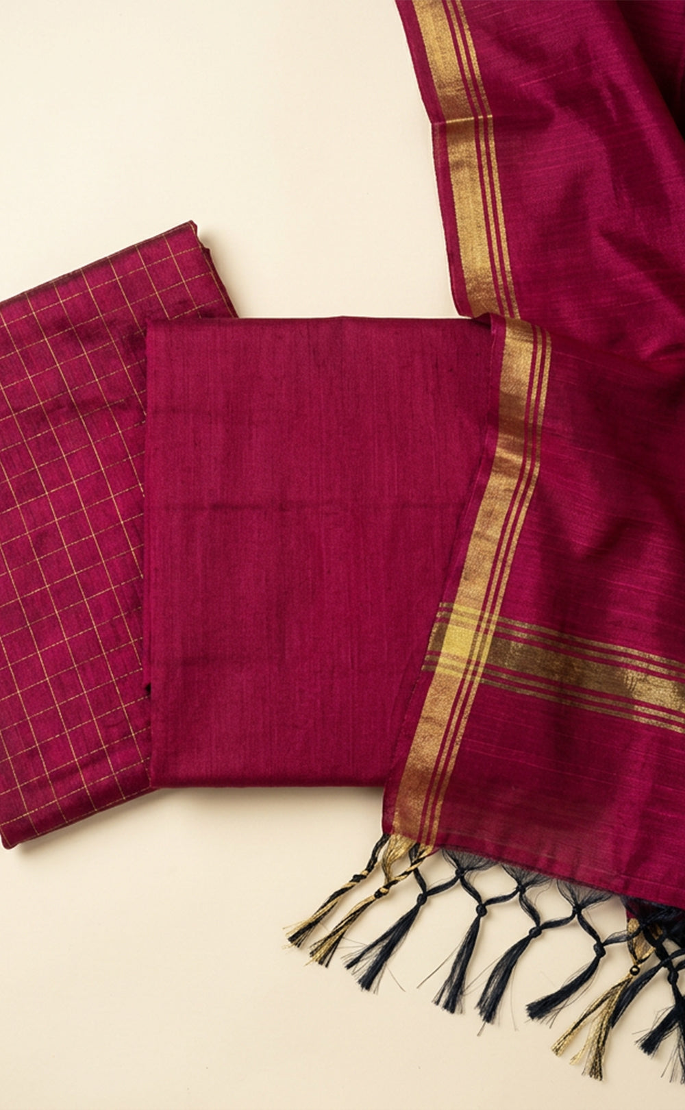 Maroon Chanderi Golden Checks Work Un-Stritched Dress Materials