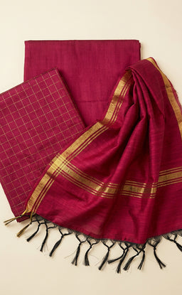 Maroon Chanderi Golden Checks Work Un-Stritched Dress Materials