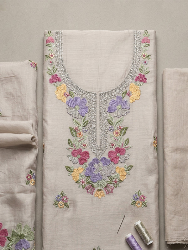 Coffee Roman Silk Thread Embroidery Un-Stitched Dress Material