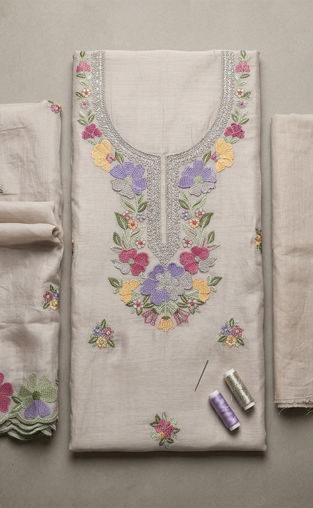 Coffee Roman Silk Thread Embroidery Un-Stitched Dress Material