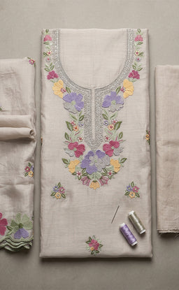 Coffee Roman Silk Thread Embroidery Un-Stitched Dress Material