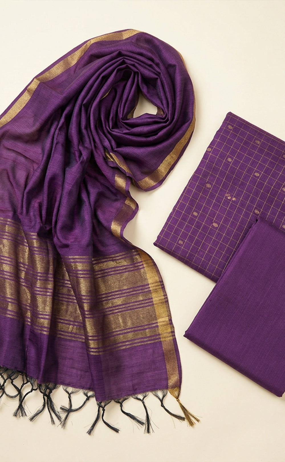 Lavender Chanderi Golden Checks And Buti Work Un-Stritched Dress Materials
