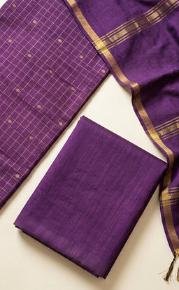 Lavender Chanderi Golden Checks And Buti Work Un-Stritched Dress Materials