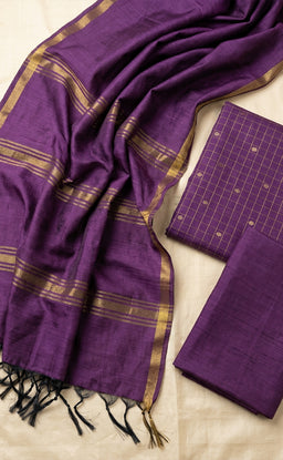 Lavender Chanderi Golden Checks And Buti Work Un-Stritched Dress Materials