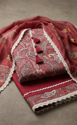 Maroon Rayon Kalamkari Printed Un-Stitched Dress Material