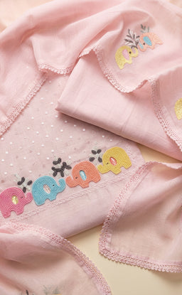 Baby Pink Kota Cotton Beats Elephant Work Un-Stritched Dress Material