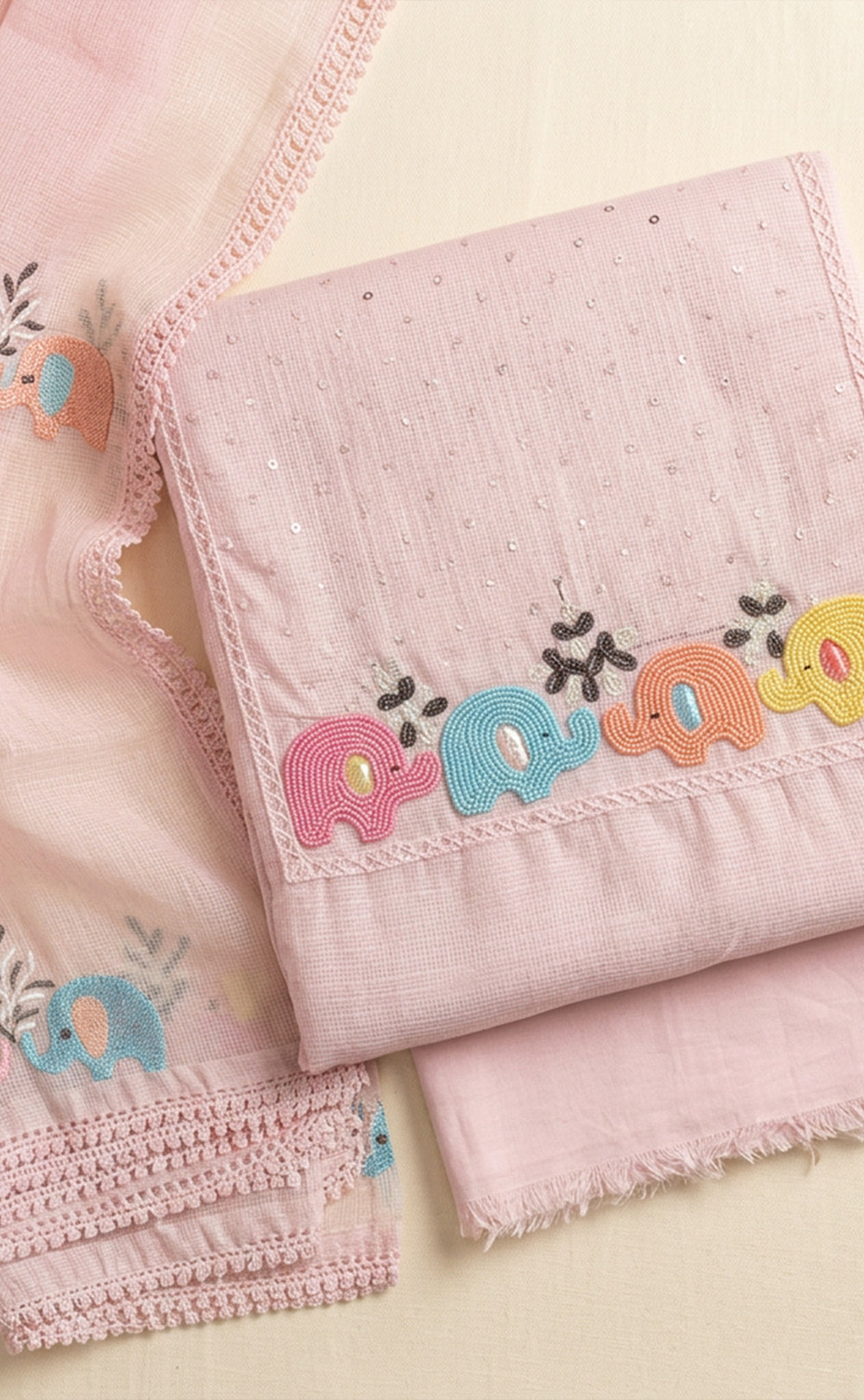 Baby Pink Kota Cotton Beats Elephant Work Un-Stritched Dress Material