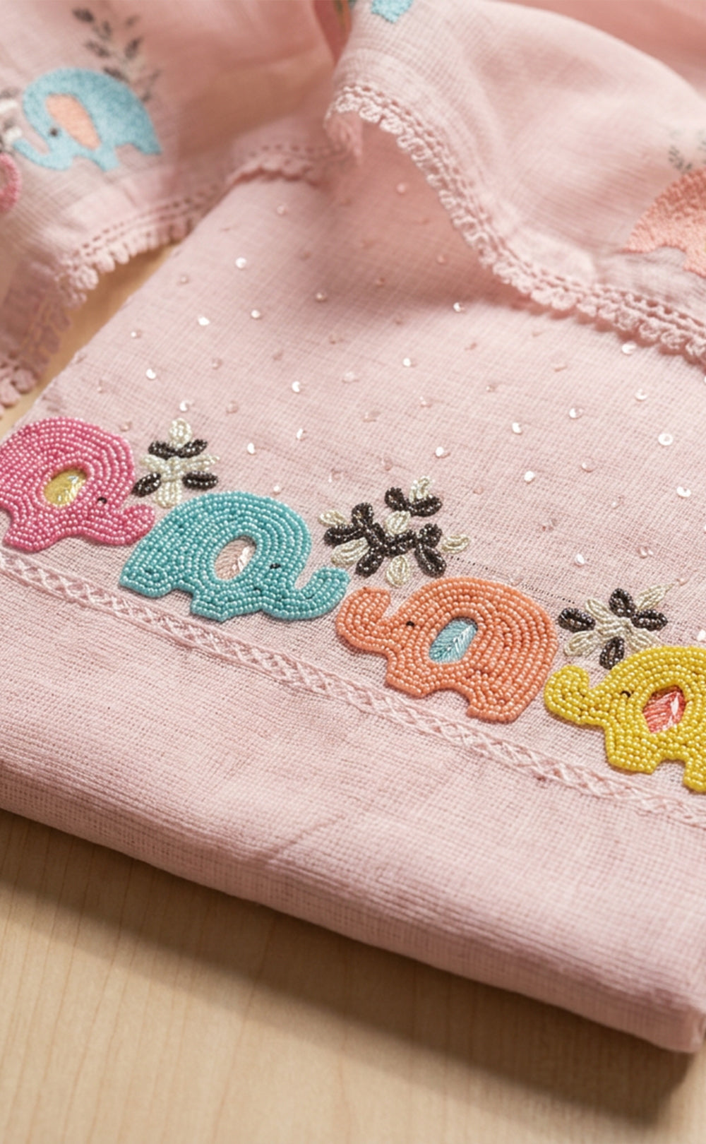 Baby Pink Kota Cotton Beats Elephant Work Un-Stritched Dress Material