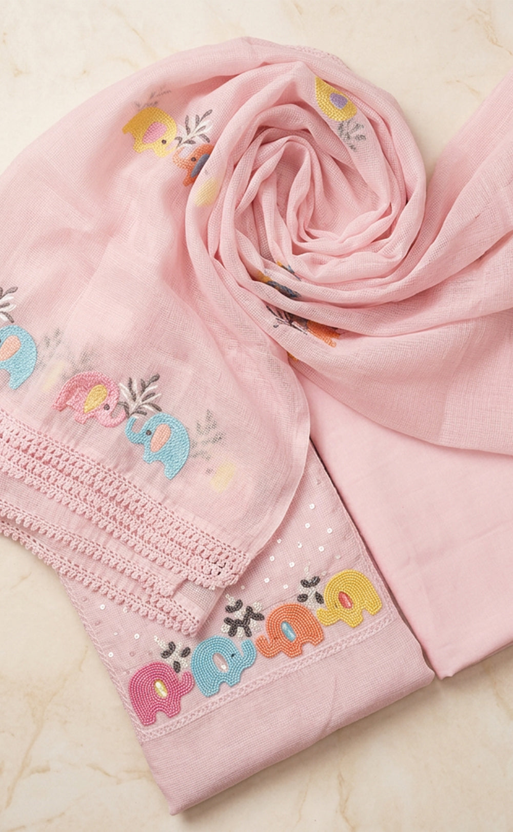 Baby Pink Kota Cotton Beats Elephant Work Un-Stritched Dress Material