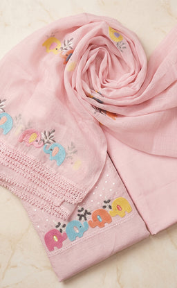 Baby Pink Kota Cotton Beats Elephant Work Un-Stritched Dress Material