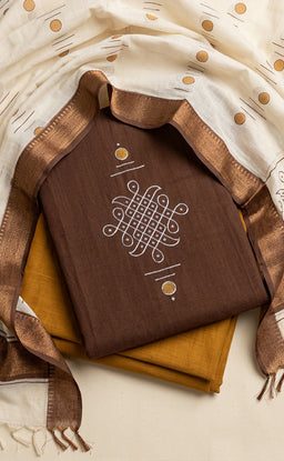 Brown Cotton Kolam Design Printed Un-Stritched Dress Material.