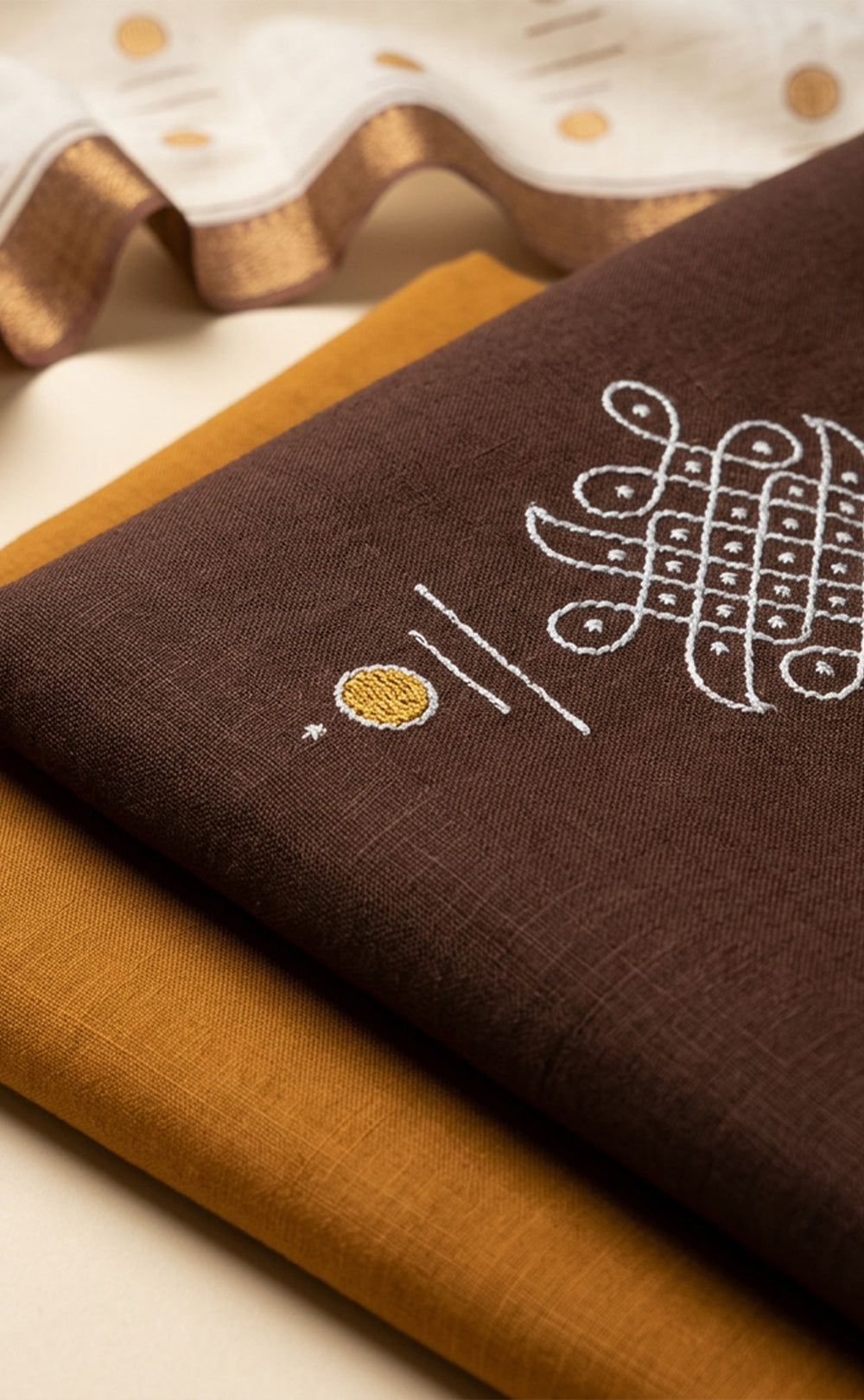 Brown Cotton Kolam Design Printed Un-Stritched Dress Material.