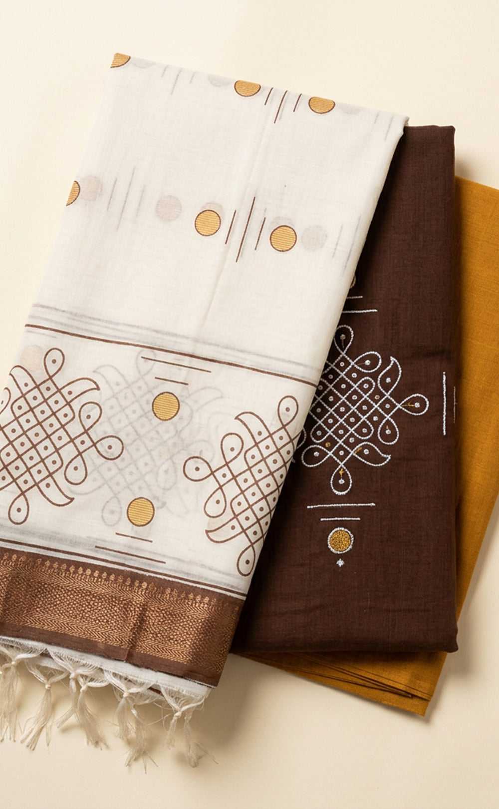 Brown Cotton Kolam Design Printed Un-Stritched Dress Material.