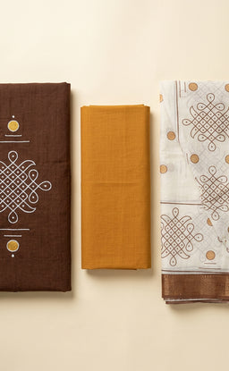 Brown Cotton Kolam Design Printed Un-Stritched Dress Material.