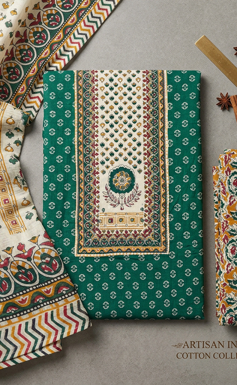 Green Cotton Floral Printed Un-Stitched Dress Material