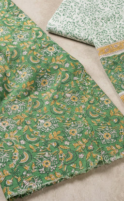Green Cotton Hand Block Floral Printed Un-Stitched Dress Material