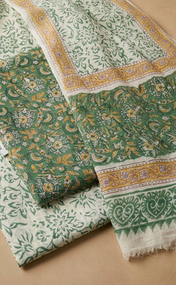 Green Cotton Hand Block Floral Printed Un-Stitched Dress Material