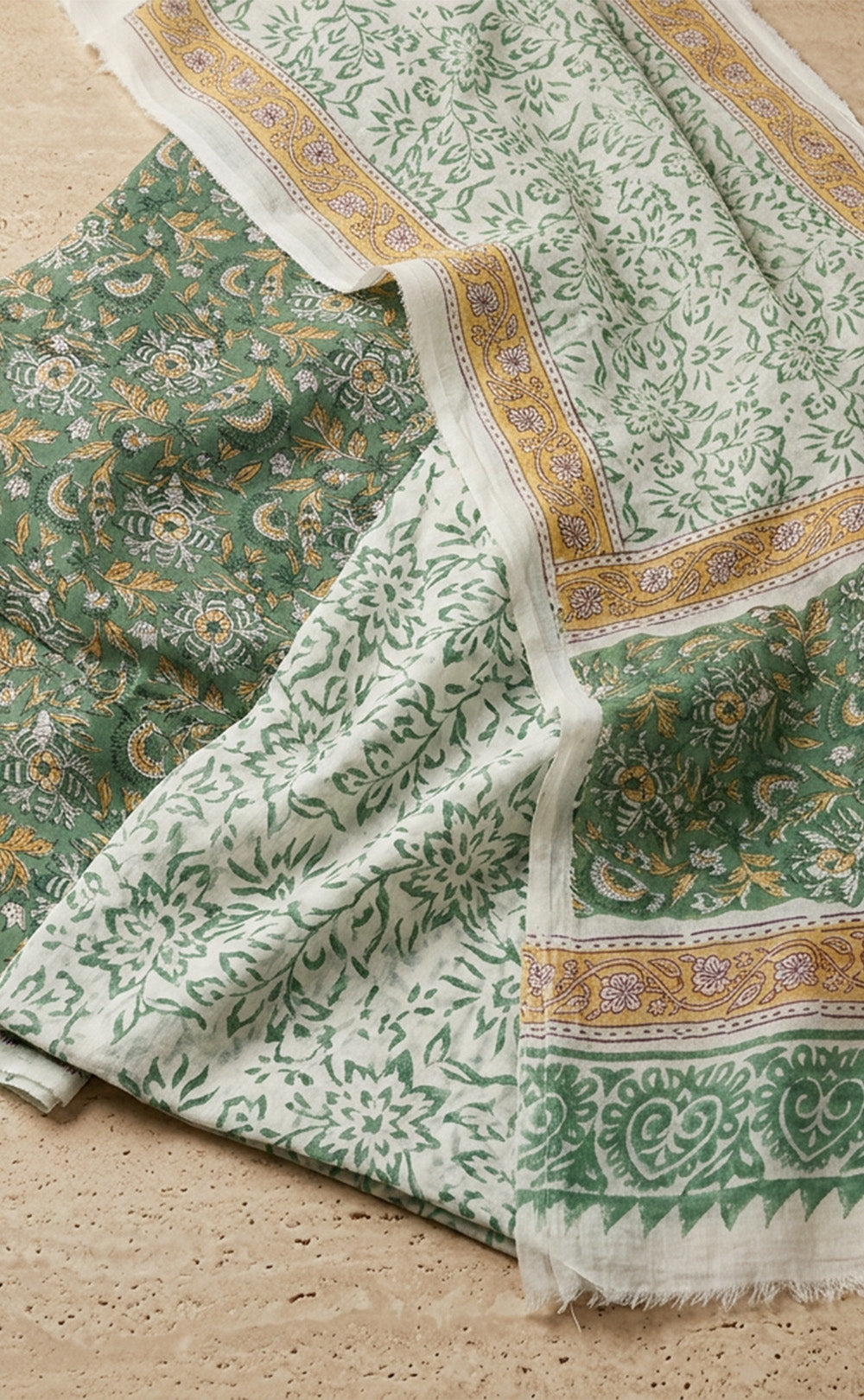Green Cotton Hand Block Floral Printed Un-Stitched Dress Material