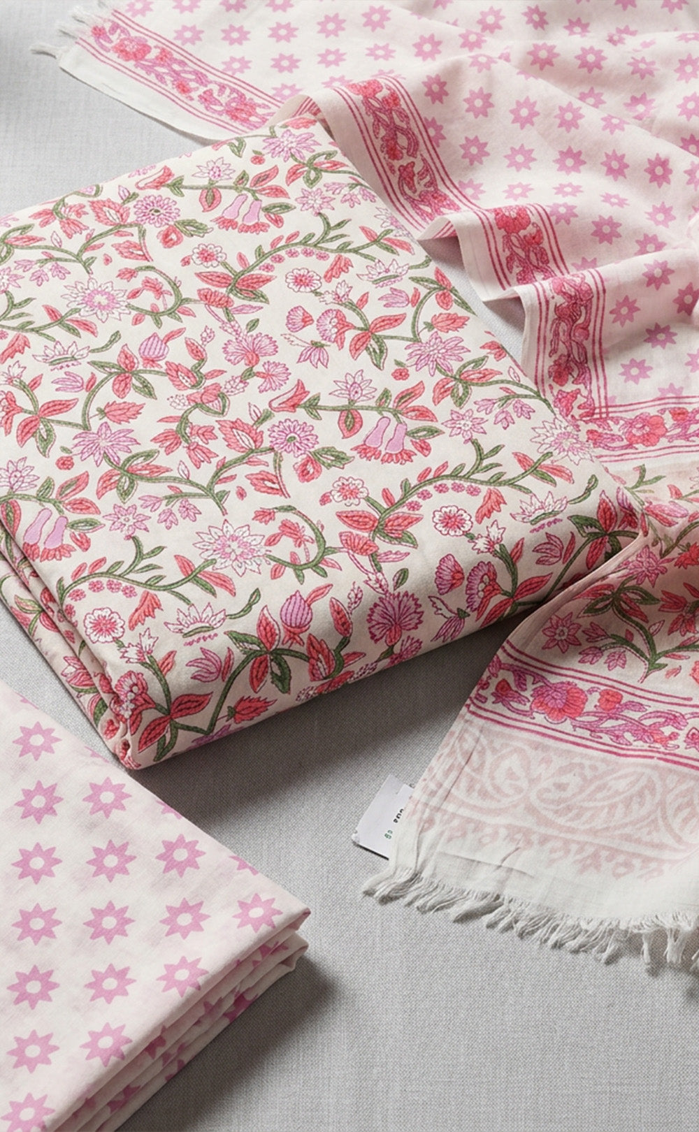 Baby Pink Cotton Hand Block Floral Printed Un-Stitched Dress Material