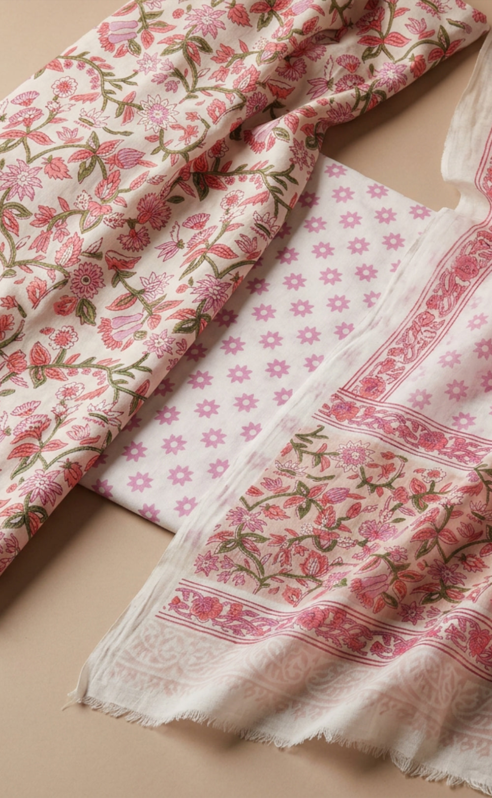 Baby Pink Cotton Hand Block Floral Printed Un-Stitched Dress Material