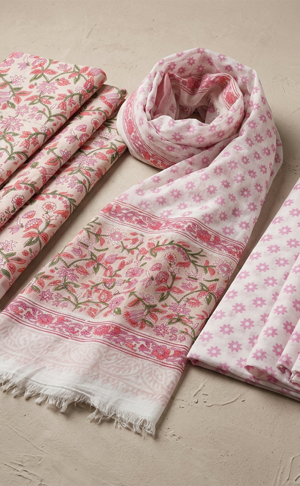 Baby Pink Cotton Hand Block Floral Printed Un-Stitched Dress Material