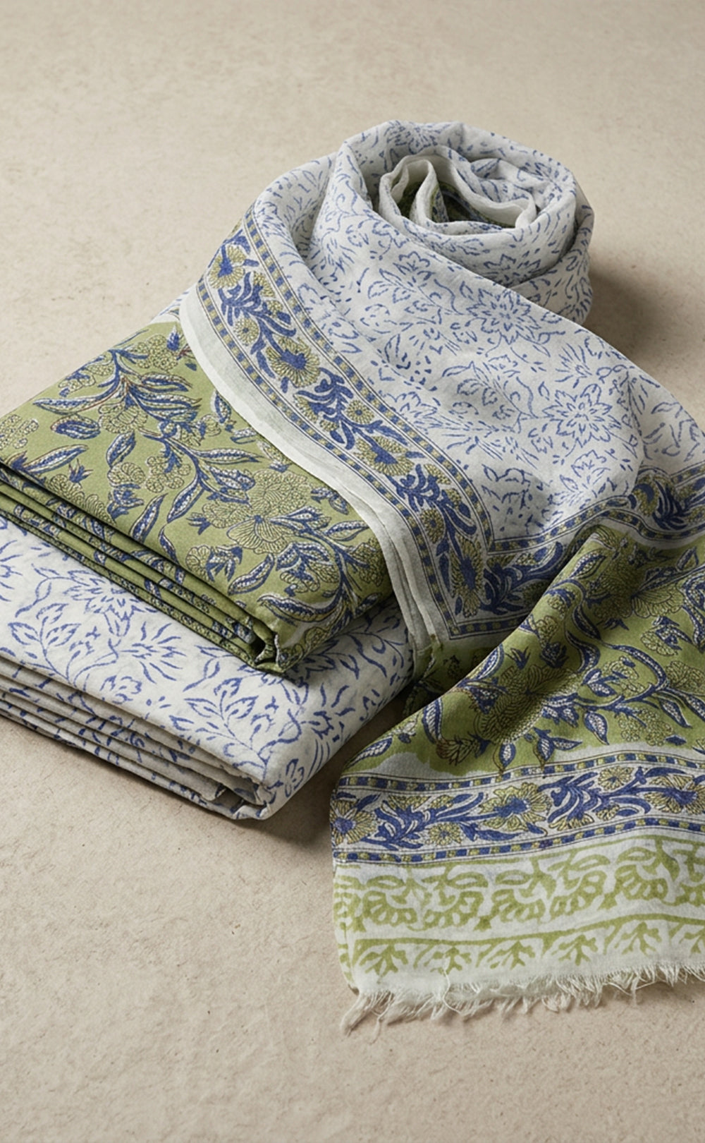 Parrot Green Cotton Hand Block Floral Printed Un-Stitched Dress Material