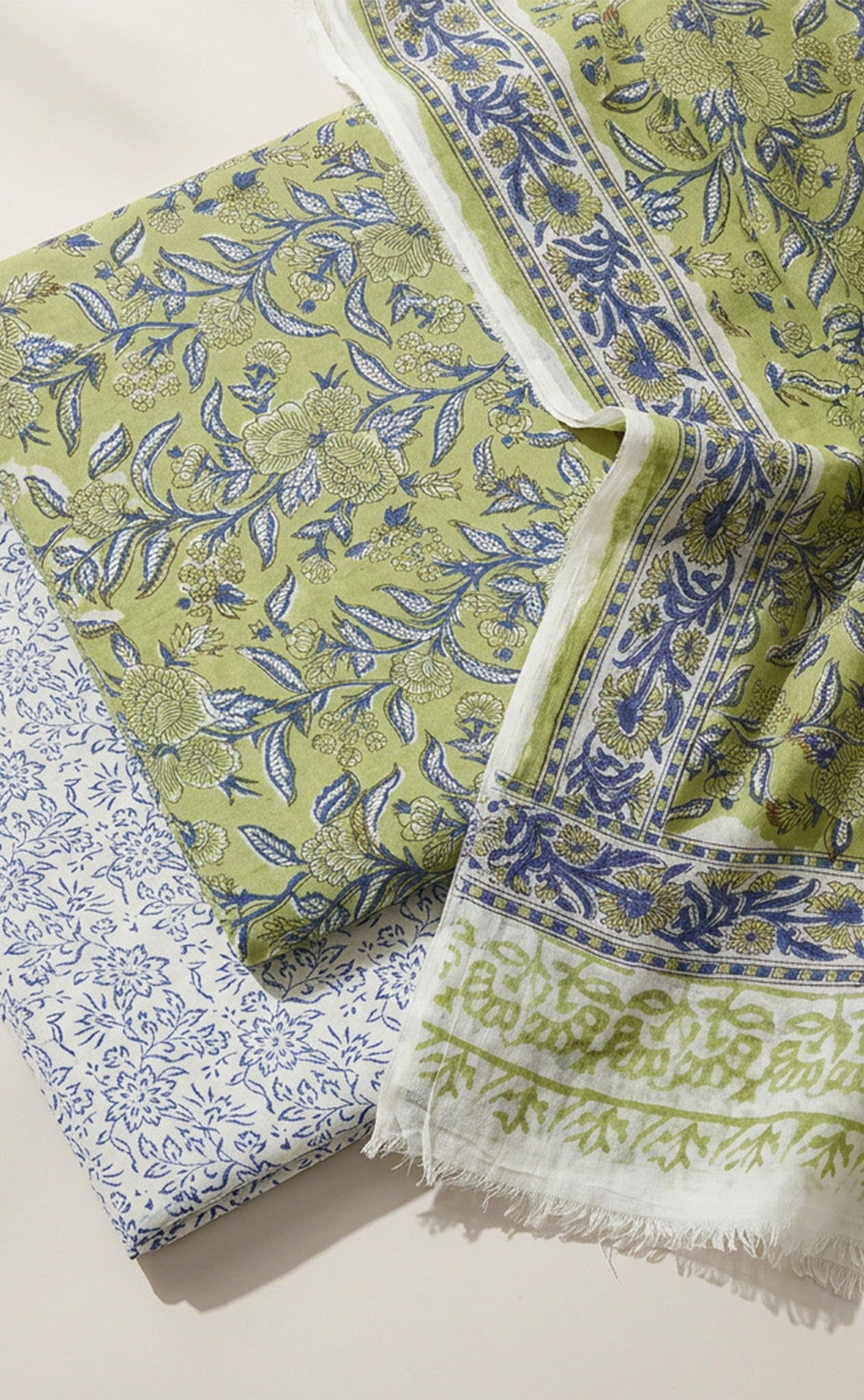 Parrot Green Cotton Hand Block Floral Printed Un-Stitched Dress Material