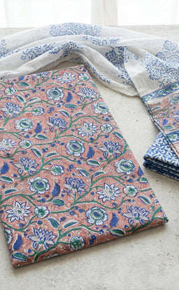 Coffee Cotton Hand Block Floral Printed Un-Stitched Dress Material