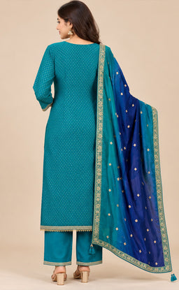 Rama Blue Dola Silk Golden Zari Work Kurti Set