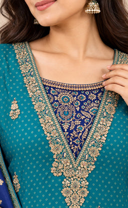 Rama Blue Dola Silk Golden Zari Work Kurti Set