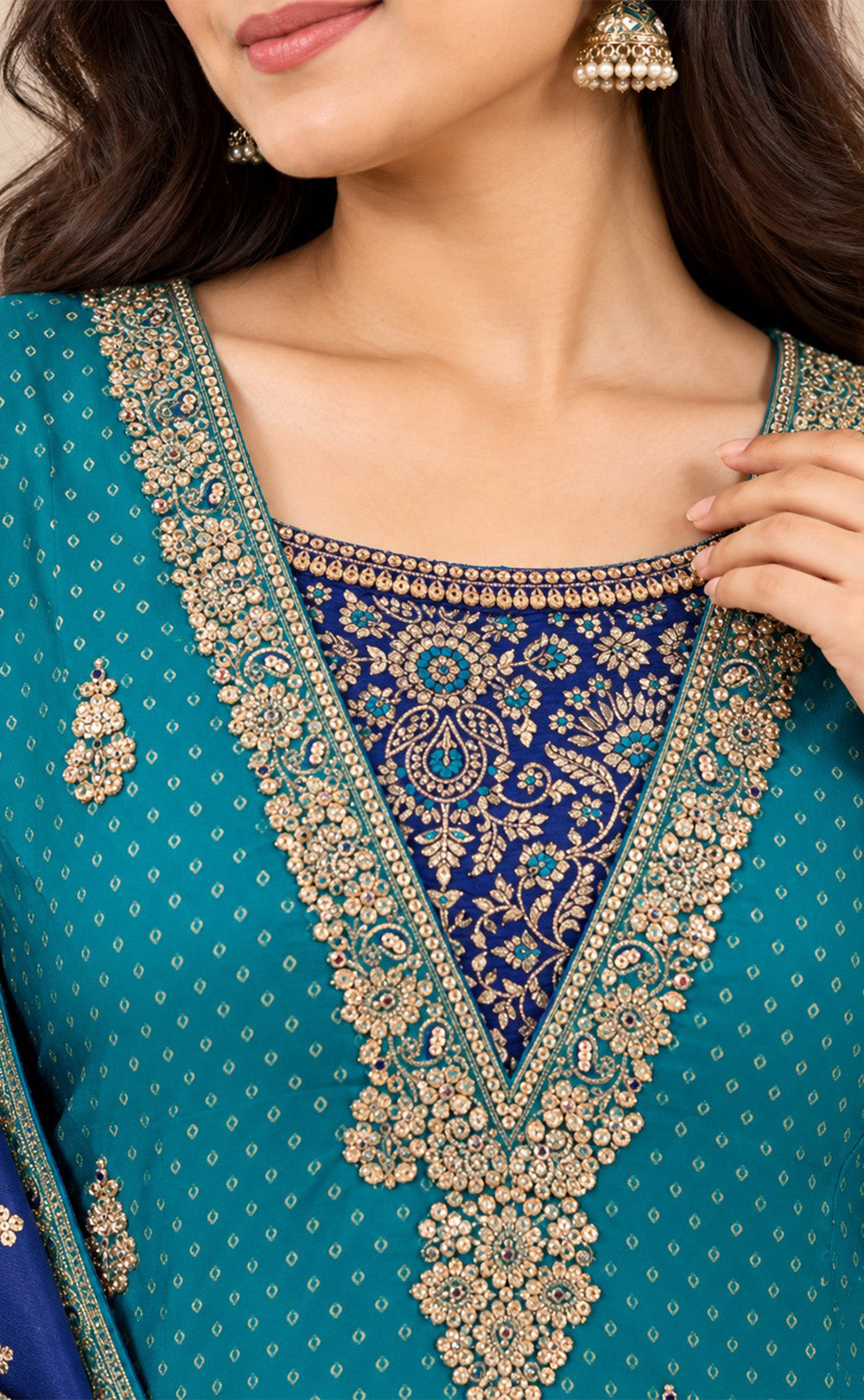 Rama Blue Dola Silk Golden Zari Work Kurti Set