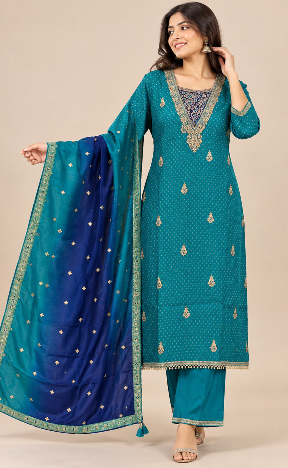 Rama Blue Dola Silk Golden Zari Work Kurti Set