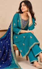 Rama Blue Dola Silk Golden Zari Work Kurti Set