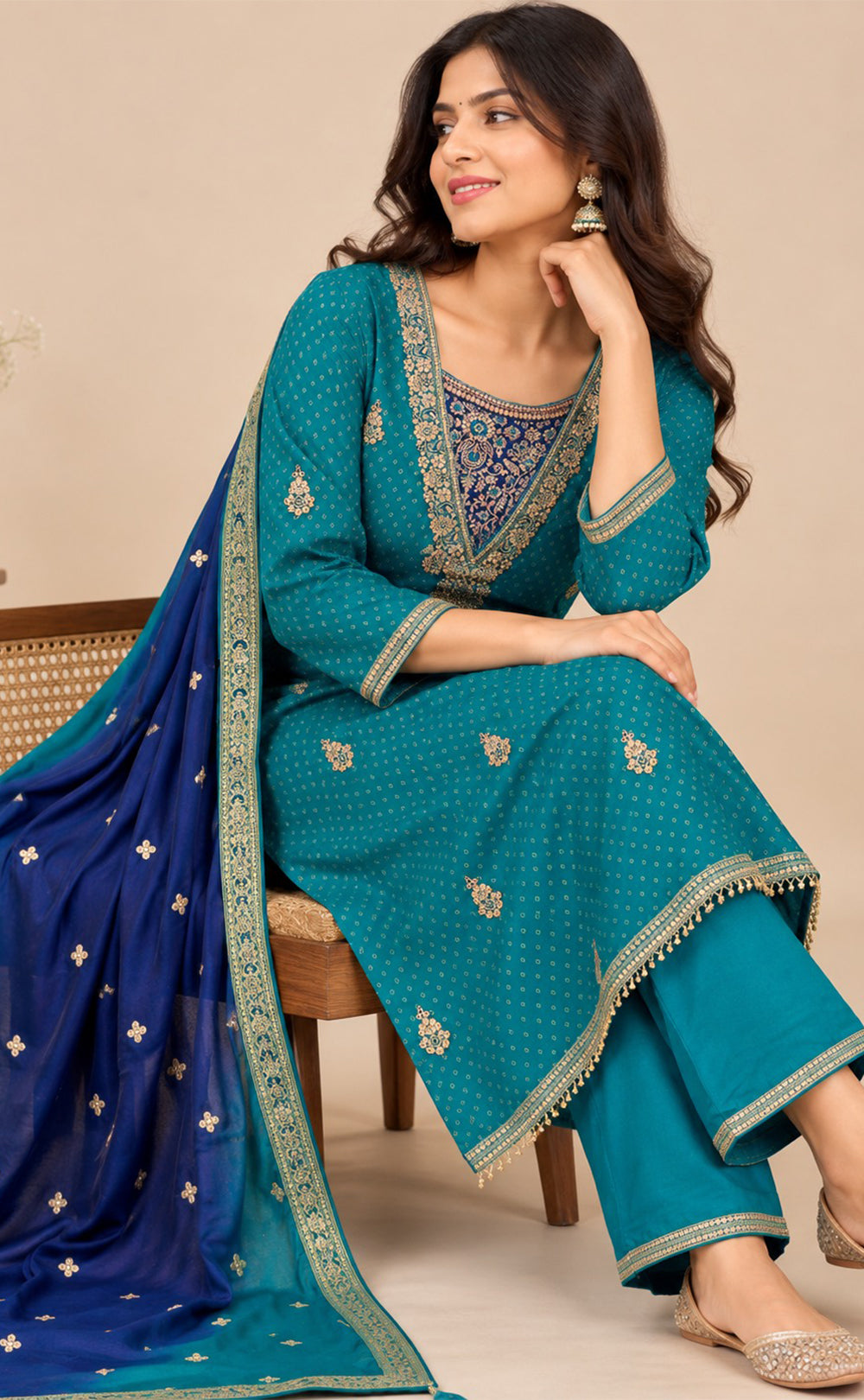 Rama Blue Dola Silk Golden Zari Work Kurti Set