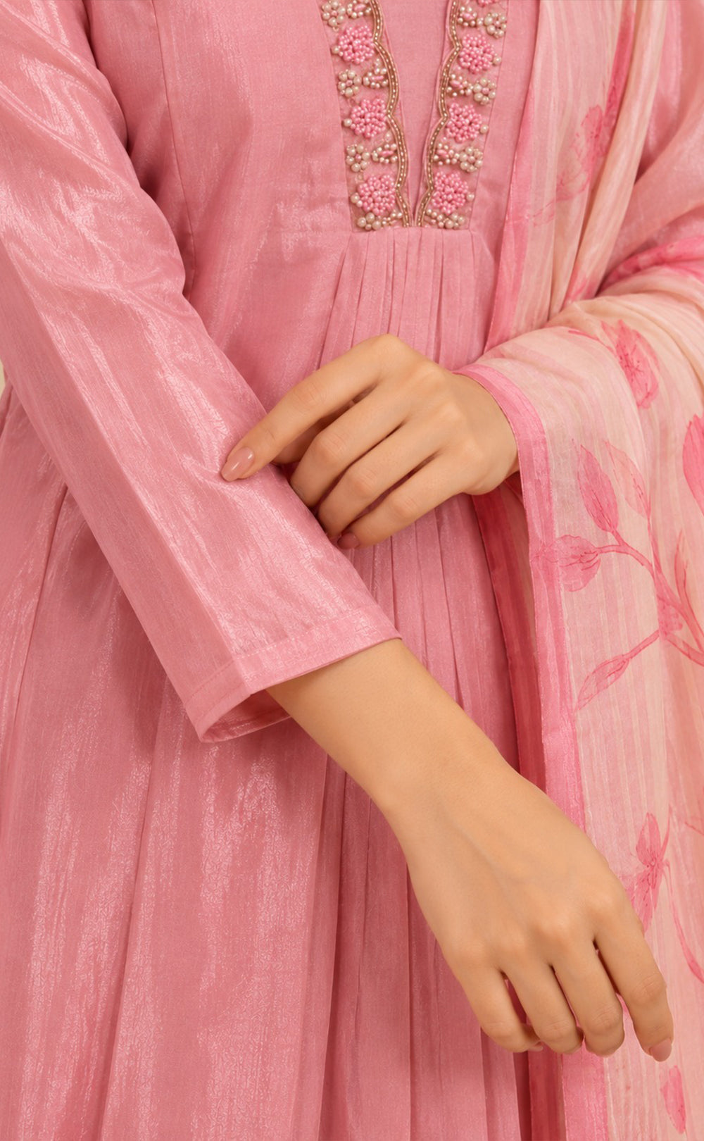 Light Pink Tissue Beats Work Kurti Set