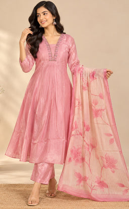 Light Pink Tissue Beats Work Kurti Set