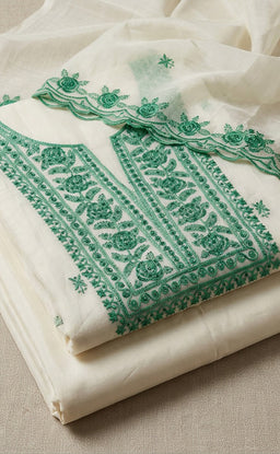 White Fancy Thread Embroidery Un-Stitched Dress Material